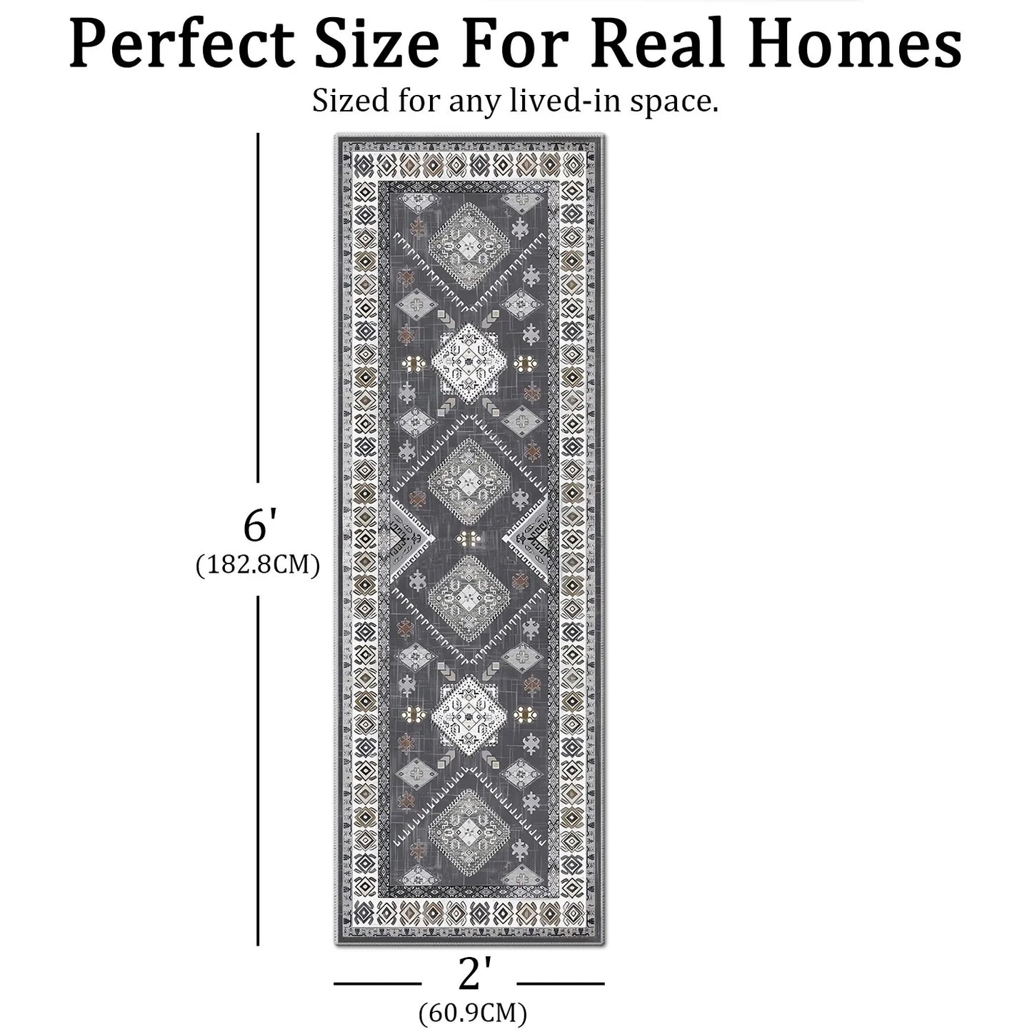 TECHVIDA 2'x6' Hallway Runner Rug Boho,Non Slip Machine Washable Rugs for Hallway Kitchen,Dark Grey