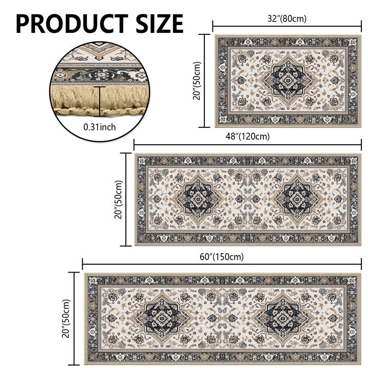 TECHVIDA Kitchen Rugs 3 Piece Set,Non Slip Machine Washable Kitchen Mats,Boho Vintage Abstract Kitchen Carpet for Farmhouse Living Room Hallway