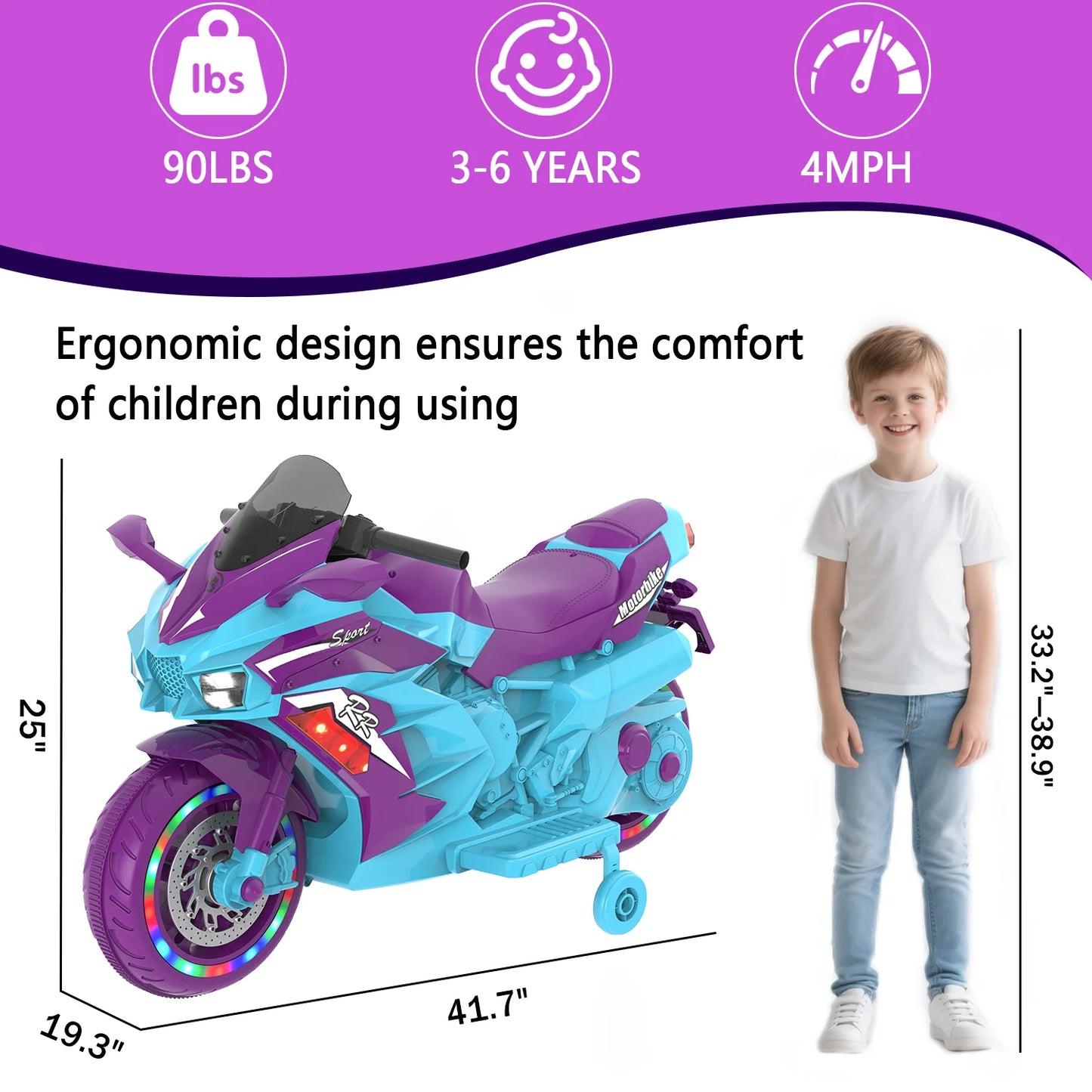 HNH 12V Ride on Motorcycle for Kids, Electric Motorcycle with Music, Bluetooth, Lights, Training Wheels