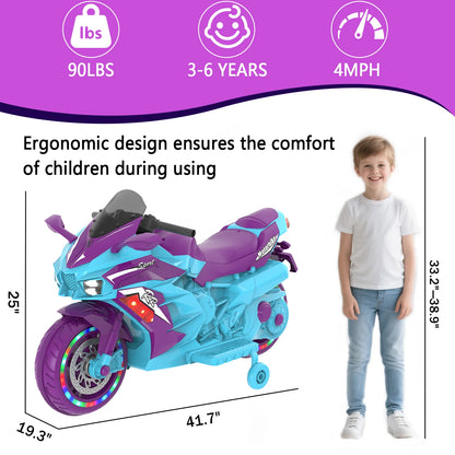 HNH 12V Ride on Motorcycle for Kids, Electric Motorcycle with Music, Bluetooth, Lights, Training Wheels