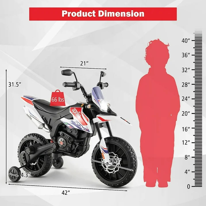 Techvida Kids Motorcycle,12V Aprilia Licensed Battery Powered Electric Vehicle Dirt Bike w/Training Wheels,Headlight & Music,Spring Suspension,Ride on Motorcycle,Gift for Boys Girls,White