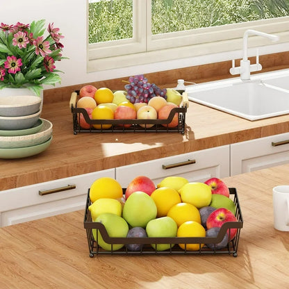 WERSEON 2 Tier Fruit Basket with Hooks for Kitchen Countertop, Detachable Metal Fruit Vegetable Storage Basket Stand Holder with Wooden Handle