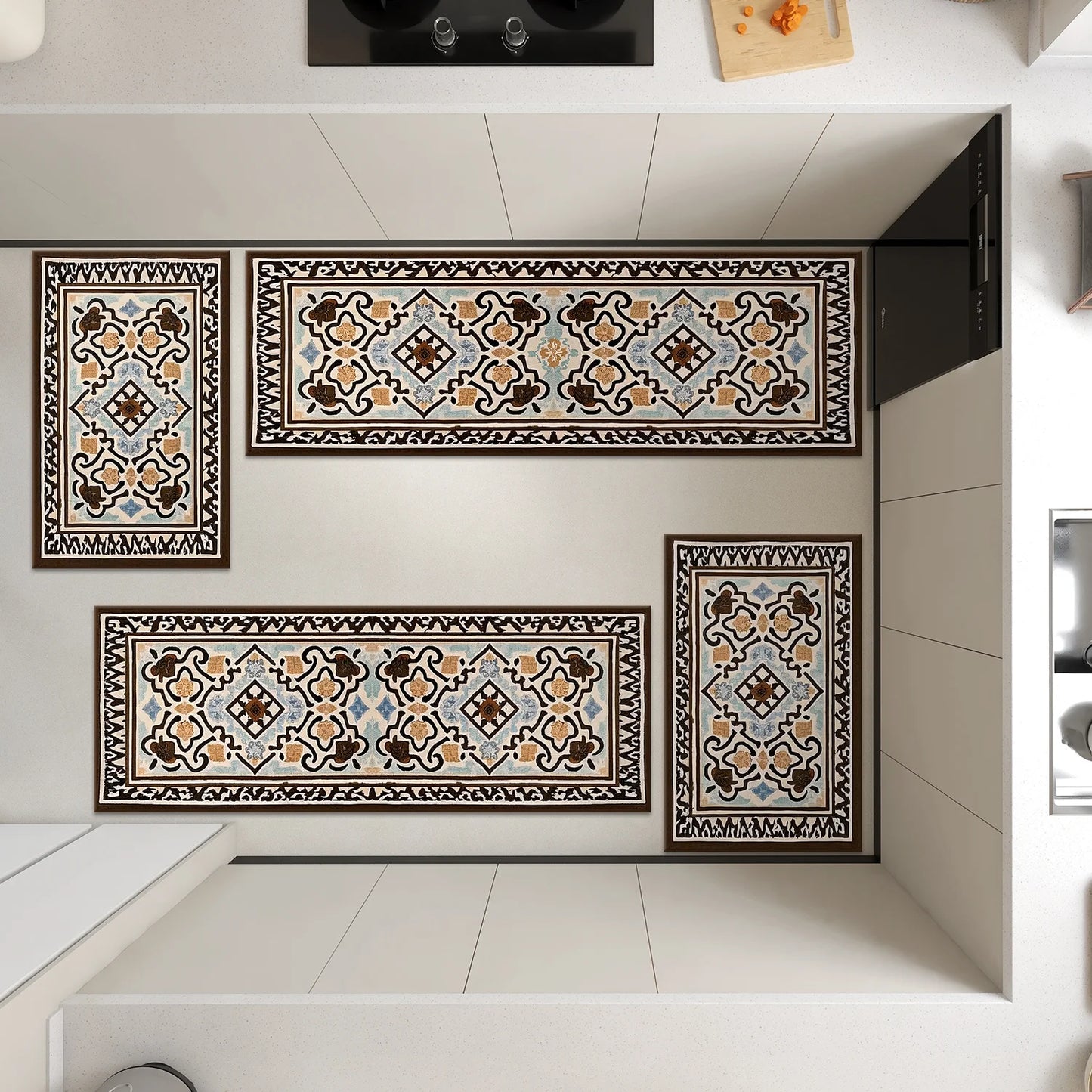 TECHVIDA Kitchen Rugs 4 Piece Set,Non Slip Machine Washable Kitchen Mats,Boho Vintage Abstract Kitchen Carpet for Farmhouse Living Room Hallway