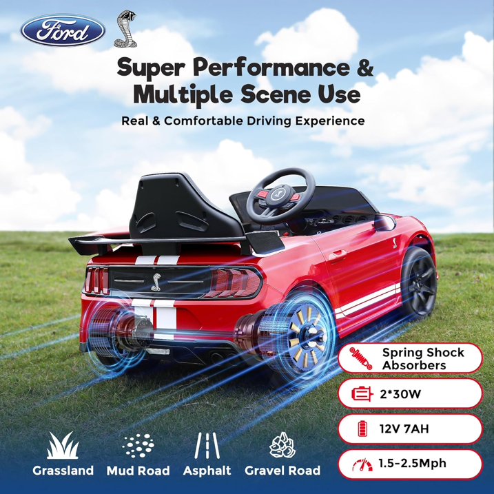 Ride on Toy Cars for Kids,12V Ford Mustang Shelby Powered Ride on Truck Car with Remote Control,Electric Vehicle Car for kids Girl Boy 3-6 w/Music,Bluetooth, LED Lights,3 Speeds,4 Wheelers,Blue