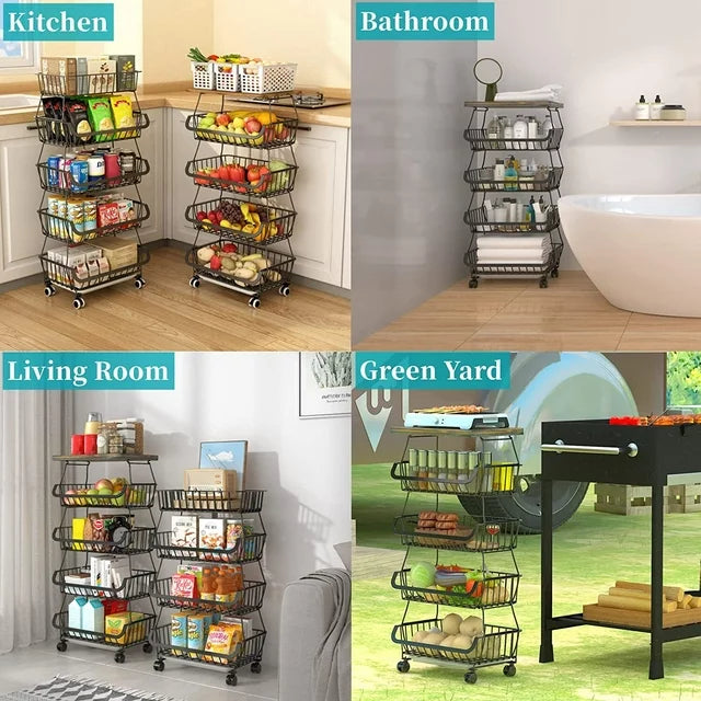 WERSEON 5 Tier Fruit Basket for Kitchen Organizers and Storage, Stackable Metal Wire Basket Stand Cart for Fruit Vegetable
