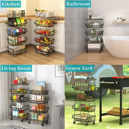WERSEON 5 Tier Fruit Basket for Kitchen Organizers and Storage, Stackable Metal Wire Basket Stand Cart for Fruit Vegetable