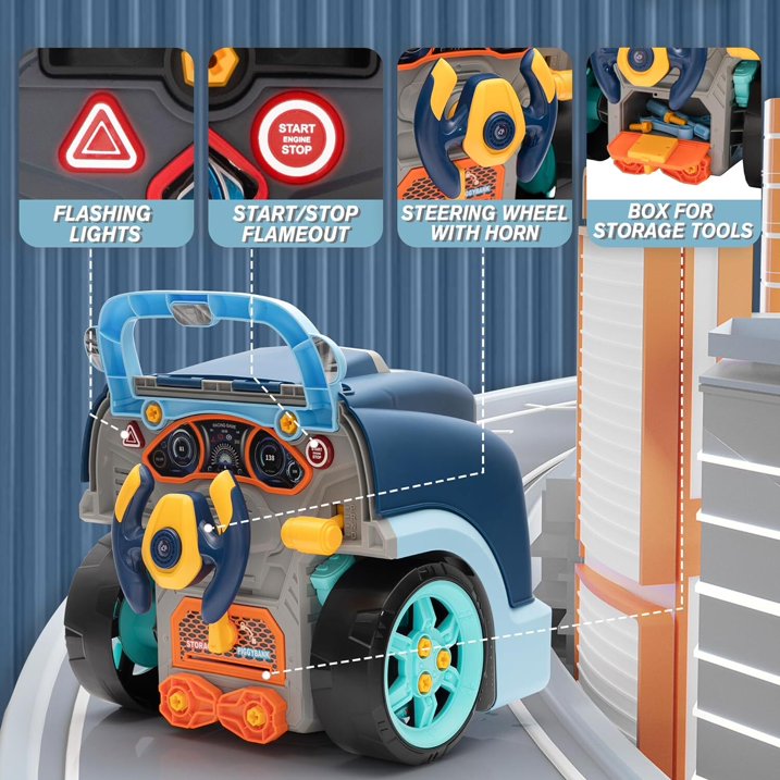 HNH Kids Truck Engine Toy Set for 3-6, Kids Mechanic Repair Set, Take Apart Motor Vehicle, Pretend Play Car Service Station with Light Horn Alarm