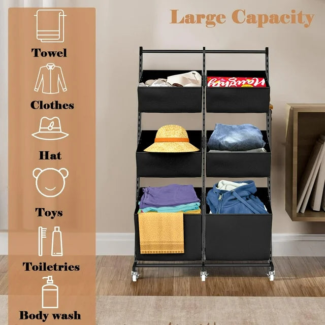 TECHVIDA 3 Tier Metal Rolling Laundry Basket Cart, Adjustable Freestanding Laundry Hamper with 6 Storage Baskets, Laundry Clothes Storage Cart