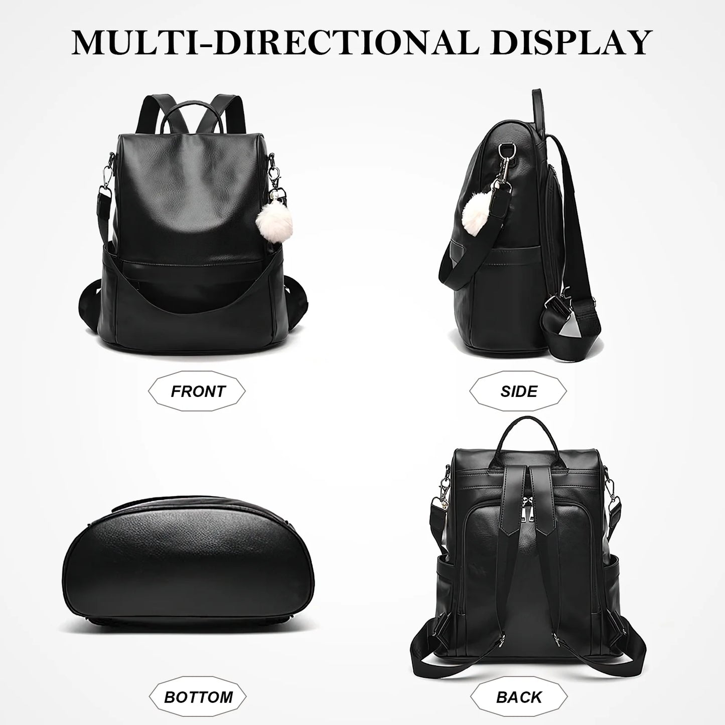 HONGLONG Womens Backpack Purse, Casual PU Leather School Backpack for Women, Fashion Anti-Theft Backpack Convertiable Travel Shoulder Bag Black