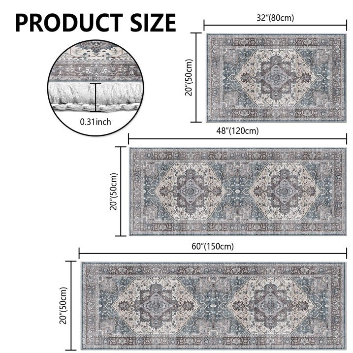 TECHVIDA Kitchen Rugs 3 Piece Set,Non Slip Machine Washable Kitchen Mats,Boho Vintage Abstract Kitchen Carpet for Farmhouse Living Room Hallway