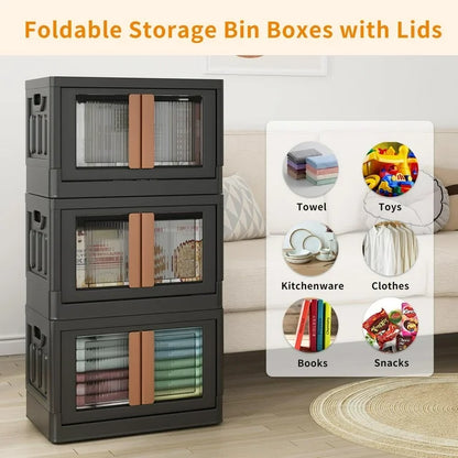 Techvida 19 gal Folding Storage Box, Stackable Plastic Closet Organizer, Double Doors File Cabinet Trunk Organizer Toy Storage Box, 4 Pack