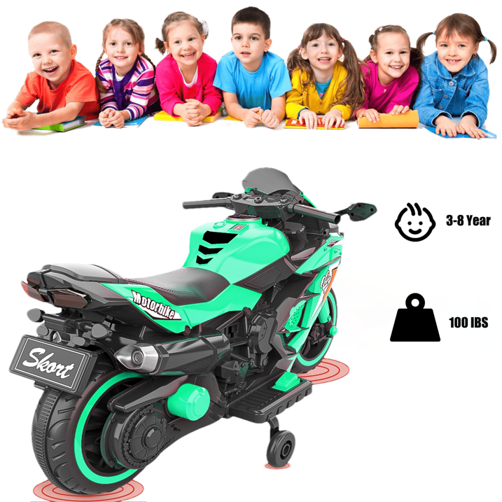 HNH 12V Ride on Motorcycle for Kids, Child Battery Powered Motorcycle with LED Lights Wheels and Bluetooth Music (Green)