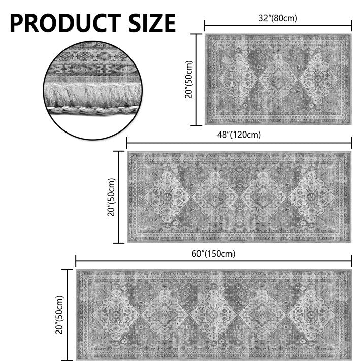 TECHVIDA Kitchen Rugs 3 Piece Set,Non Slip Machine Washable Kitchen Mats,Boho Vintage Abstract Kitchen Carpet for Farmhouse Living Room Hallway