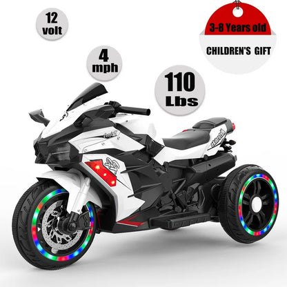 HNH 12V Kids Motorcycle Ride On Toys, 4MPH Electric Motorcycle for Kids Battery Powered Ride On Bike w/Training Wheels, LED Lights, Music, Pedal, Gift for Children Boys Girls