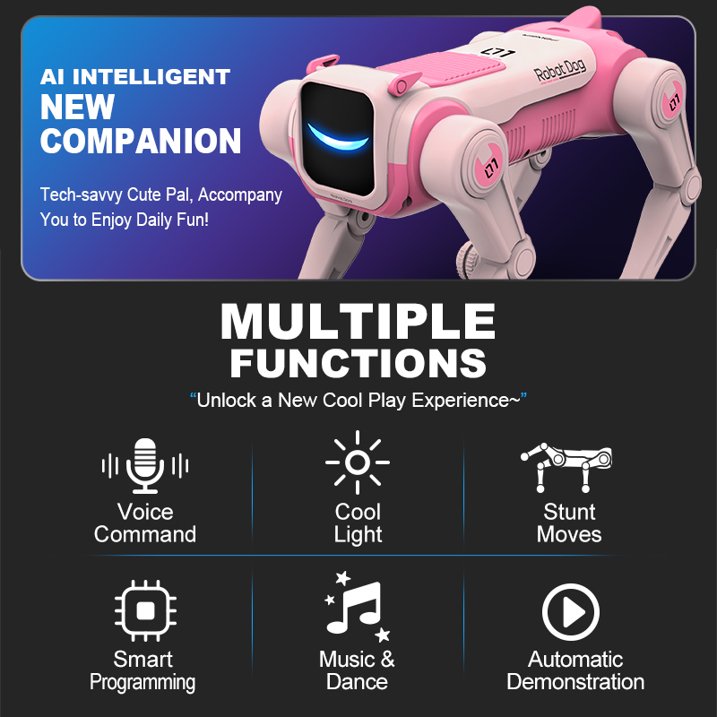 HNH Robot Dog Toy for Kids, 2.4Ghz Remote Control Stunt Dog with Music & Light, Voice Commands, White