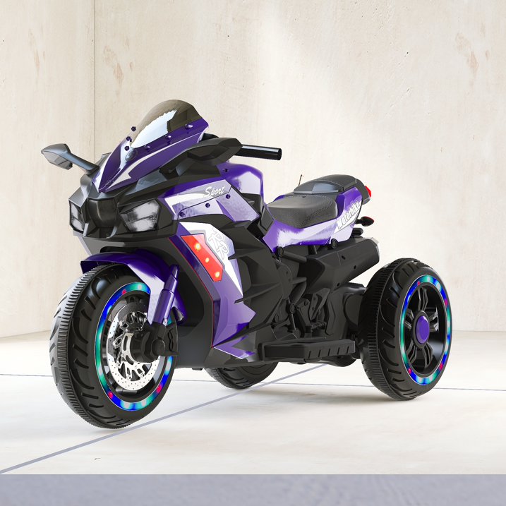 HNH Electric Motorcycle for Kids, 12V Battery Powered Ride on Toys, 3 Wheels Motorcycle with LED Lights, Bluetooth Music，Violet