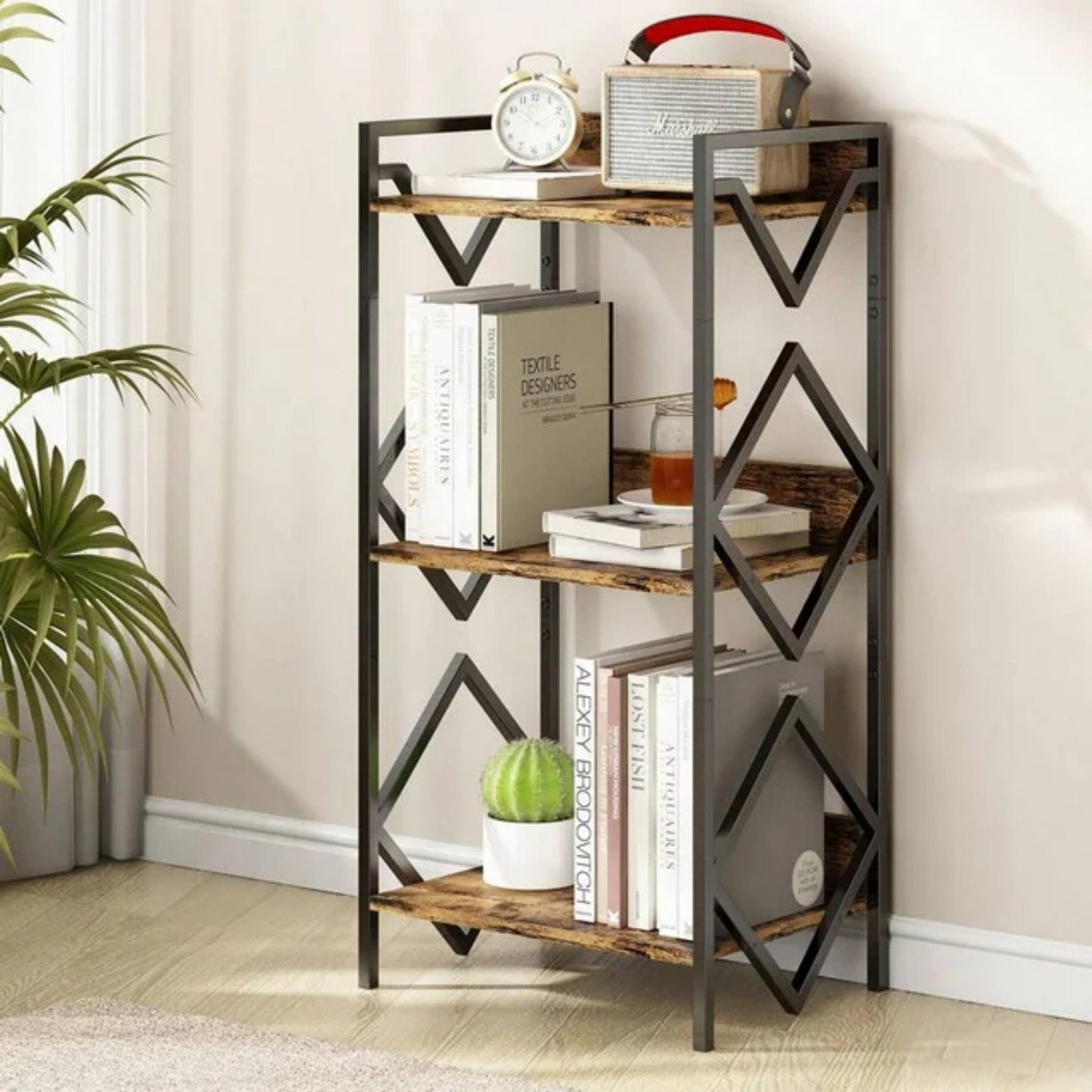 Cheelom 3 Tier Bookshelf for Small Space, Small Metal Book Rack, Organizers and Storage for Office, Living Room, Bedroom, Rustic