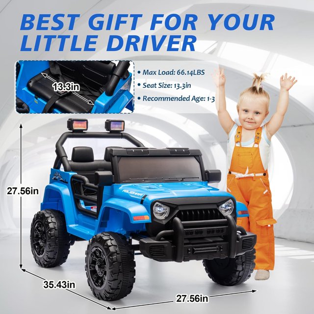 12V Ride on Truck Car for Kids with Parents Control, Ride on Toys for Toddlers with Music, Bluetooth, Four-Wheels Suspension, USB, Headlights, Blue