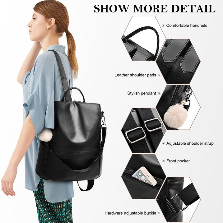 HONGLONG Womens Backpack Purse, Casual PU Leather School Backpack for Women, Fashion Anti-Theft Backpack Convertiable Travel Shoulder Bag Black