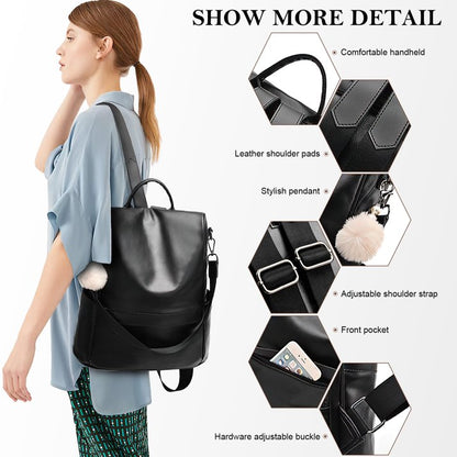 HONGLONG Womens Backpack Purse, Casual PU Leather School Backpack for Women, Fashion Anti-Theft Backpack Convertiable Travel Shoulder Bag Black
