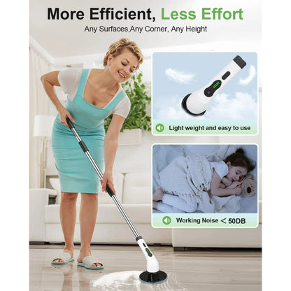 TECHVIDA Electric Spin Scrubber, Cordless Cleaning Brush, Shower Cleaning Brush with 9 Brush Heads 2H Power Dual Speed, Adjustable Extension Handle, IPX7 Waterproof for Tub Tile Floor Car, White