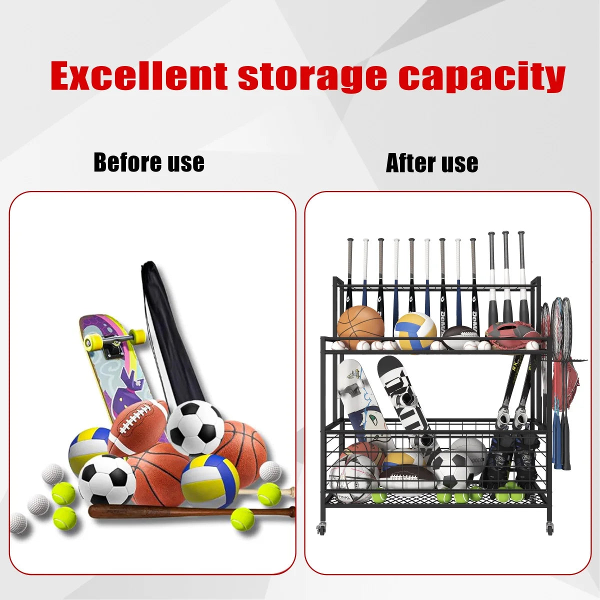 Werseon Sports Equipment Organizer Clearance,Garage Storage Rack with Baskets and Hooks,Organizer Cart for Garage