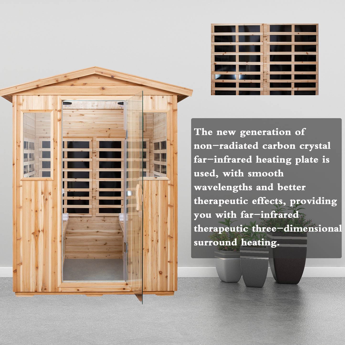 CMGB Sauna for 4 Person, Applicable Indoors and Outdoors. Far Infrared Sauna 8 Low EMF Heaters, Wooden Sauna Room, Hemlock, Chromotherapy, Bluetooth Speaker.