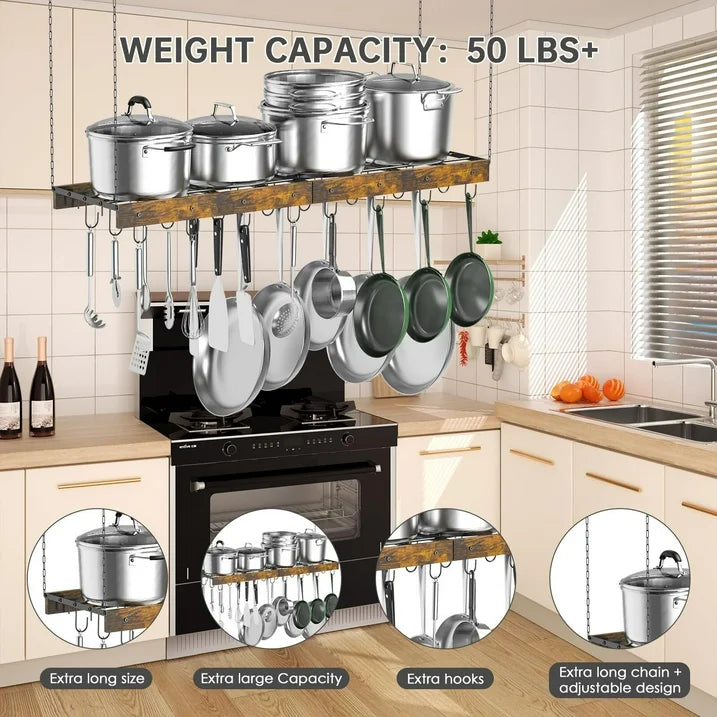 WERSEON Hanging Pot Rack Ceiling Mount, Extra Large Pot Hanger Pots and Pans Organizer, Heavy Duty Cooking Hanger with 24 Hooks for Kitchen Ceiling