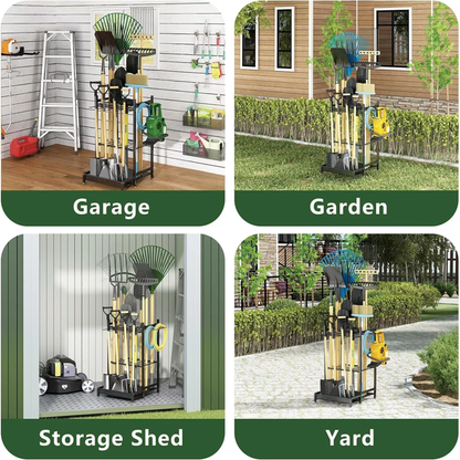 Cheelom Garden Tool Organizer , Utility Storage Racks with Hooks, Metal Yard Tool Stand Holder Organizer for Outdoor, Yard, Black