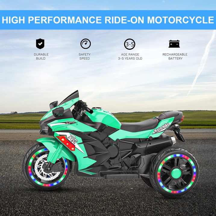 HONGLONG Ride on Toys 12v Battery Powered Ride on Motorcycle for Kids 3 Wheels Motorcycle with LED Lights Music Green,Child
