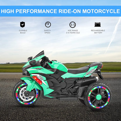HONGLONG Ride on Toys 12v Battery Powered Ride on Motorcycle for Kids 3 Wheels Motorcycle with LED Lights Music Green,Child