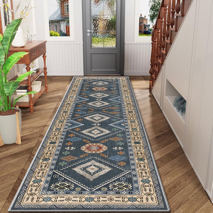 TECHVIDA 2'x8' Hallway Runner Rug Boho,Non Slip Machine Washable Rugs for Hallway Kitchen,Dark Blue