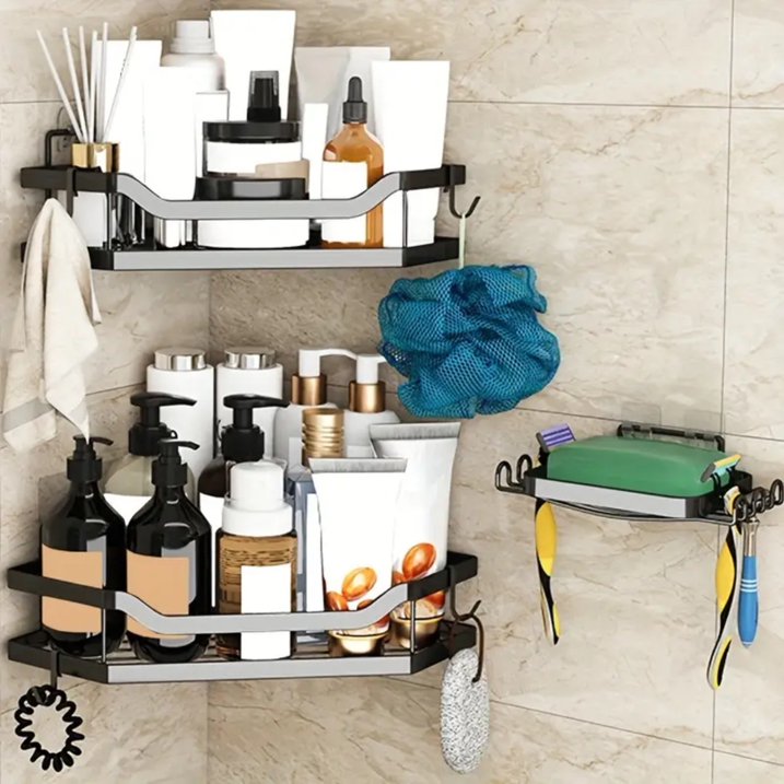 TECHVIDA 3 PCS Corner Shower Caddy Organizer, 2 Tier Self-Adhesive Bathroom Organizer Shower Caddy Basket With Soap Holder, No Drilling Wall Mounted Rustproof Stainless Steel Bath Rack Black