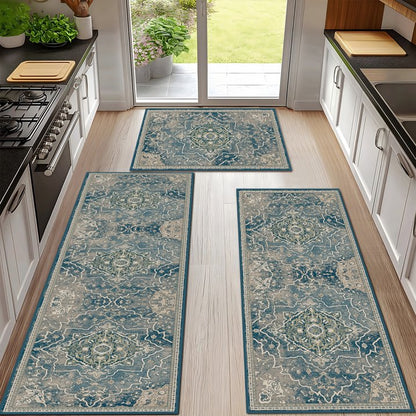 TECHVIDA Kitchen Rugs 3 Piece Set,Kitchen Mats for Floor Non-Slip Machine Washable, Boho Farmhouse Hallway Doormat for Holiday