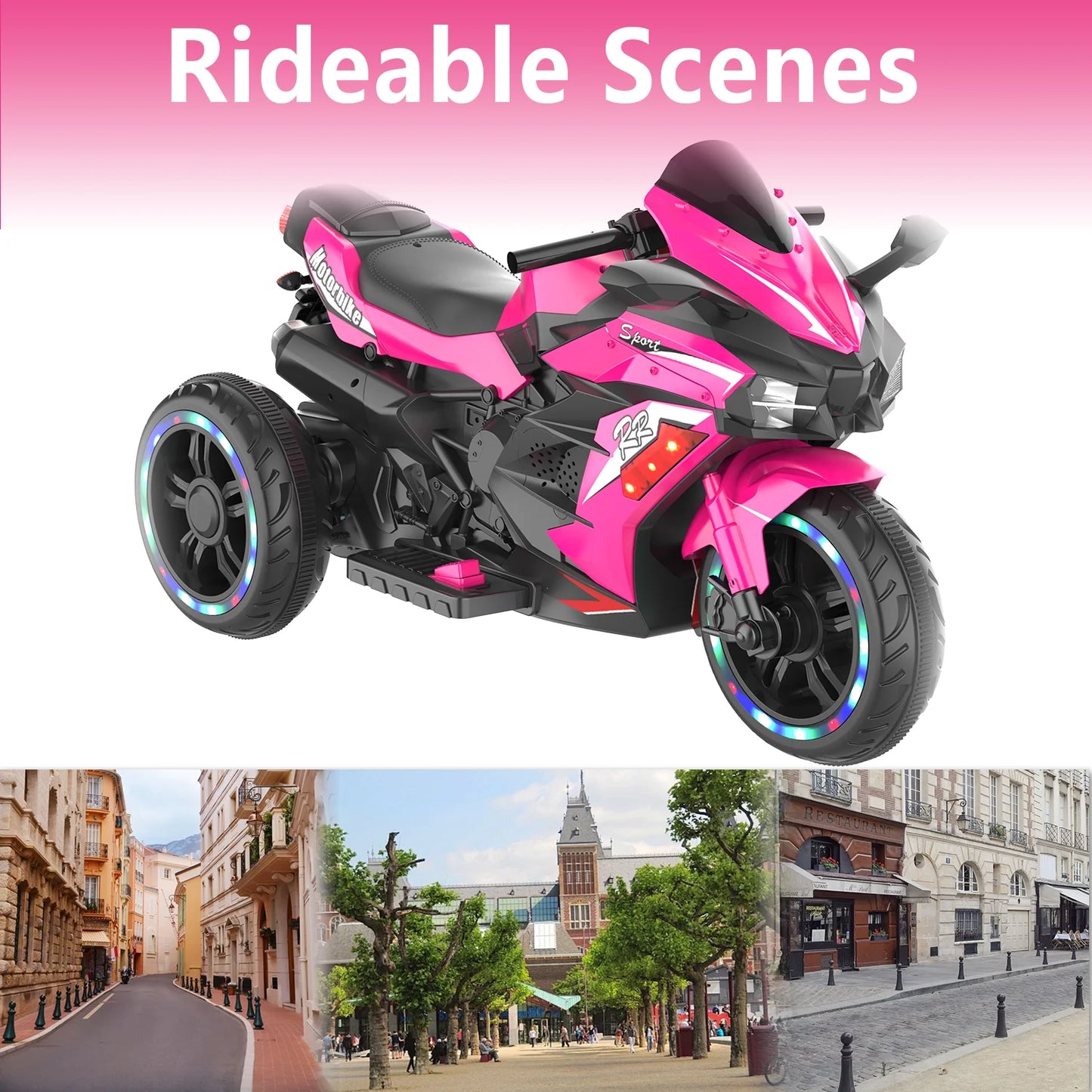 HNH 12V Ride on Motorcycle for Kids, Battery Powered 3 Wheels Motorcycle Toy with Bluetooth, Music, Light