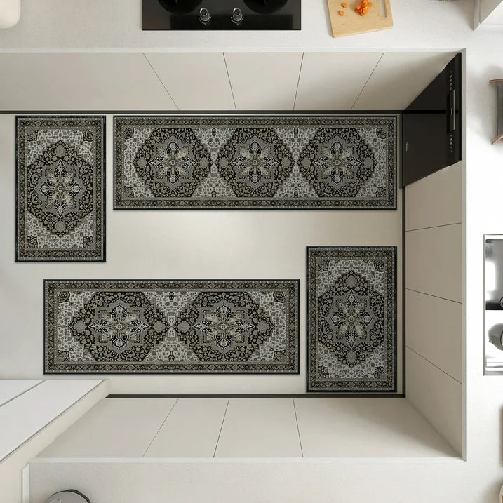 TECHVIDA Kitchen Rugs 4 Piece Set,Non Slip Machine Washable Kitchen Mats,Boho Vintage Abstract Kitchen Carpet for Farmhouse Living Room Hallway