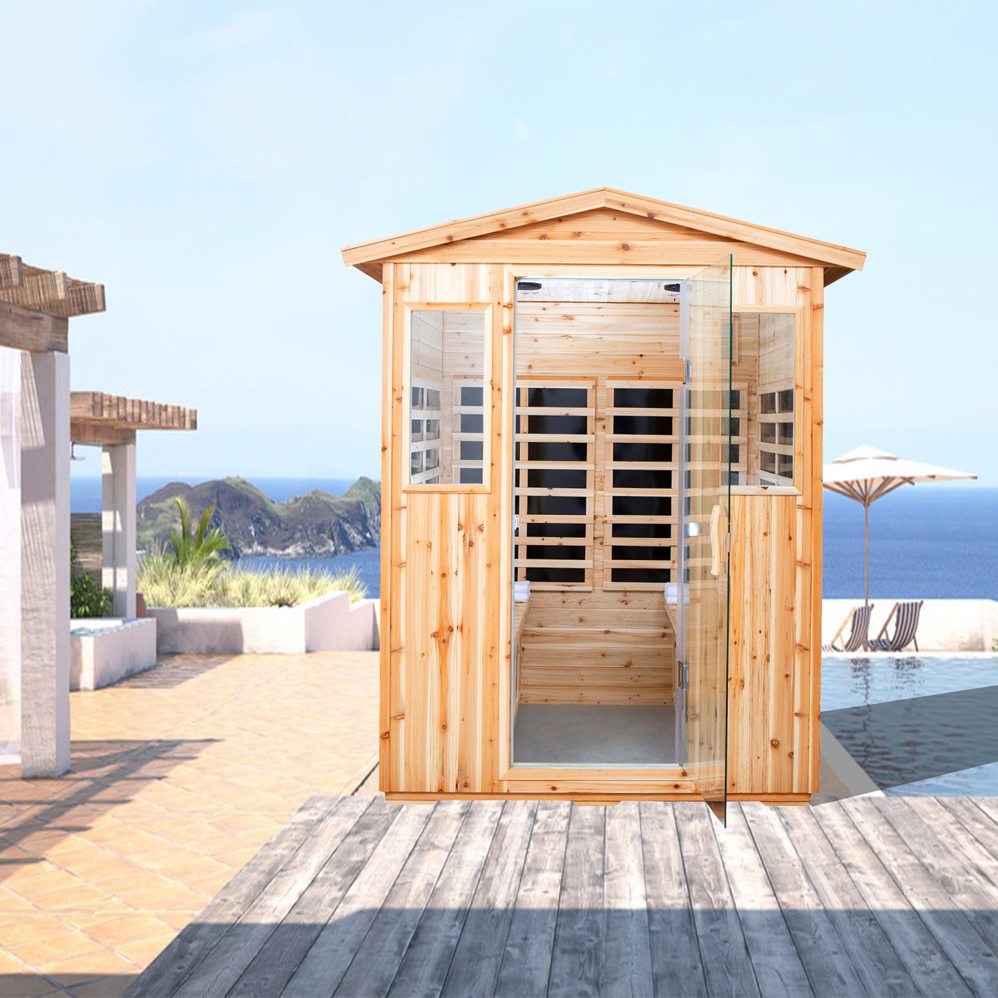 CMGB Sauna for 4 Person, Applicable Indoors and Outdoors. Far Infrared Sauna 8 Low EMF Heaters, Wooden Sauna Room, Hemlock, Chromotherapy, Bluetooth Speaker.