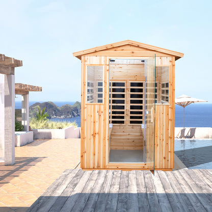 CMGB Sauna for 4 Person, Applicable Indoors and Outdoors. Far Infrared Sauna 8 Low EMF Heaters, Wooden Sauna Room, Hemlock, Chromotherapy, Bluetooth Speaker.