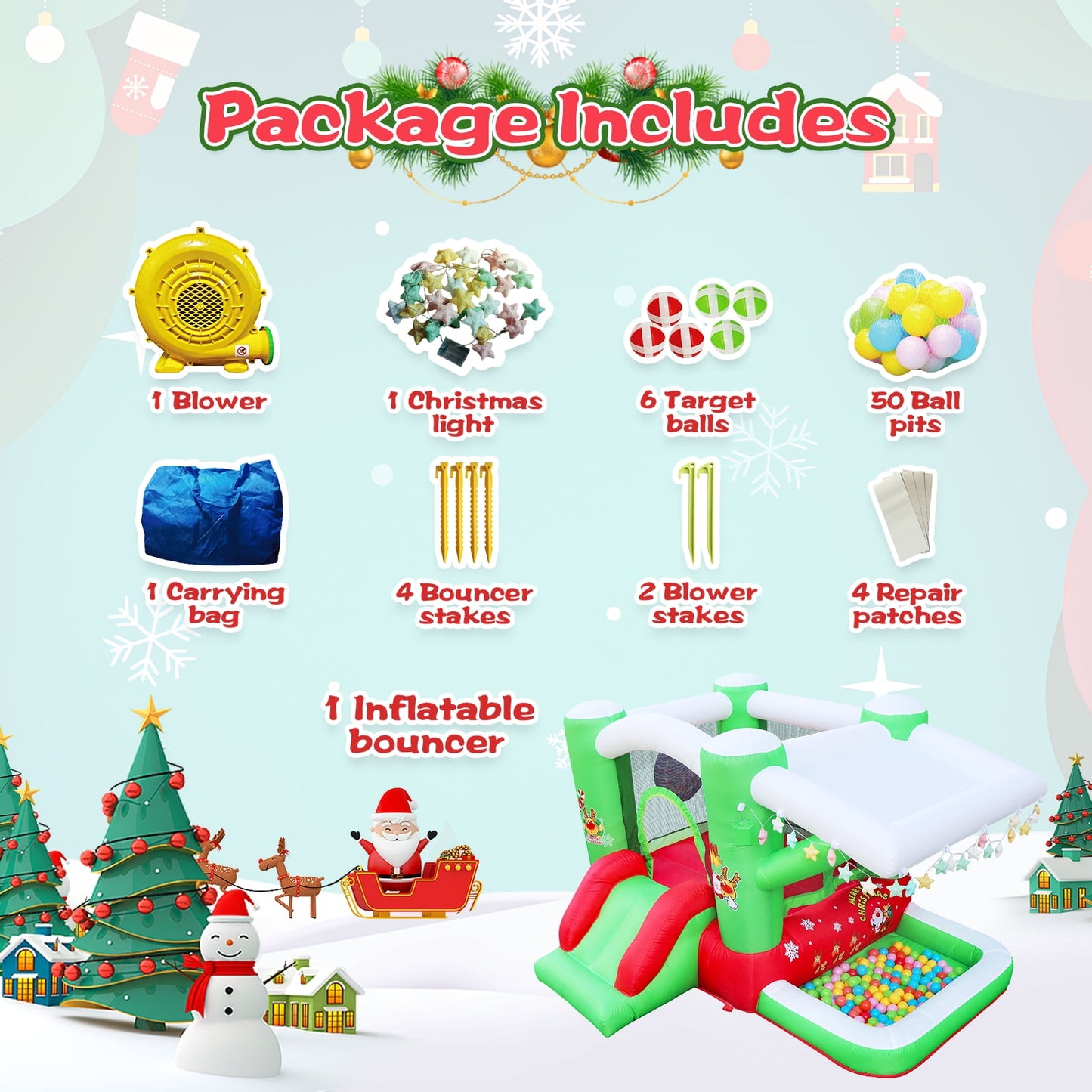 HNH Christmas Bounce House for Kids with LED Light, Inflatable Jumping Castle with Blower for Indoor, 80*91*55 Inch