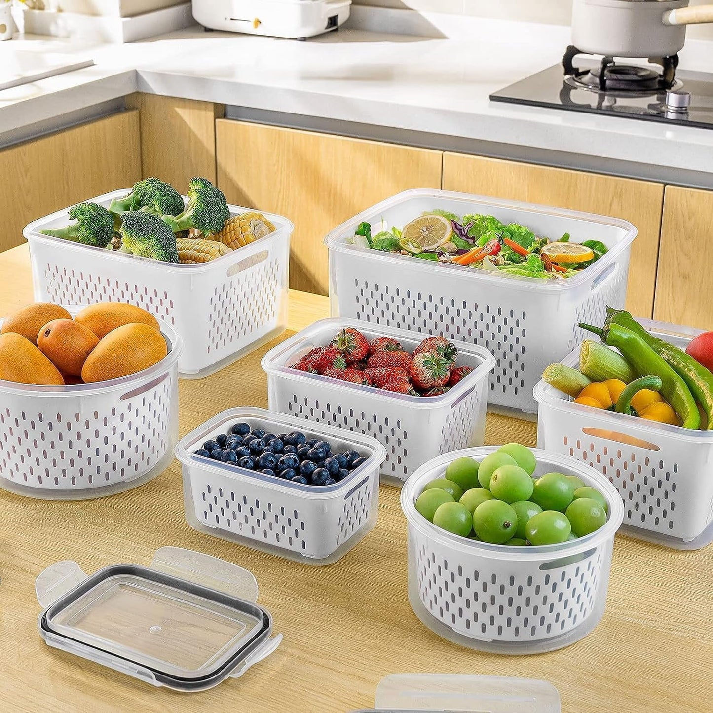 WERSEON 5 Pack Airtight Food Storage Containers for Fridge, 16L Pantry Kitchen Storage Containers with Lids, Freezer Safe Fruit Containers with Draining Basket
