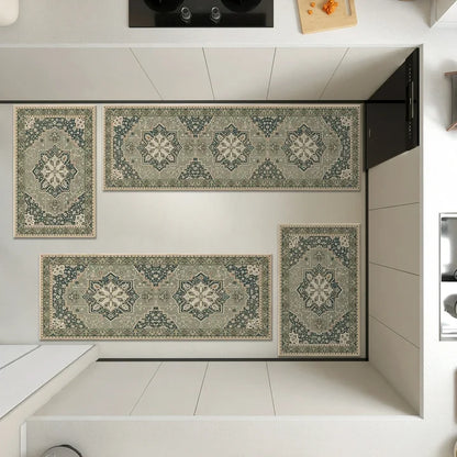 TECHVIDA Kitchen Rugs 4 Piece Set,Non Slip Machine Washable Kitchen Mats,Boho Vintage Abstract Kitchen Carpet for Farmhouse Living Room Hallway