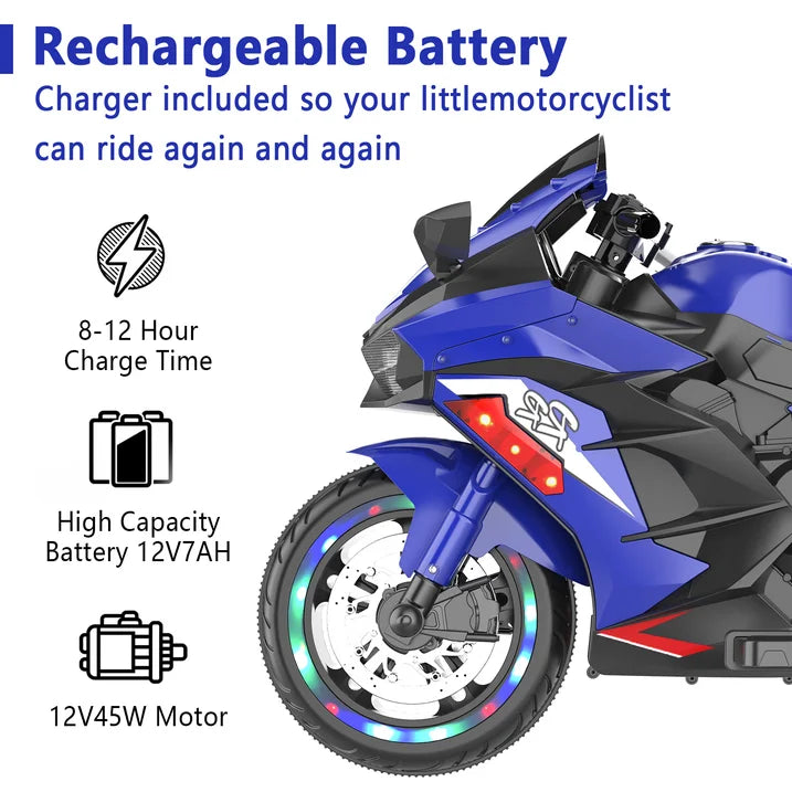 Zogymoz 12V Electric Motorcycle for Kids, Powered Ride on Motorcycle with LED Lights, Bluetooth Music