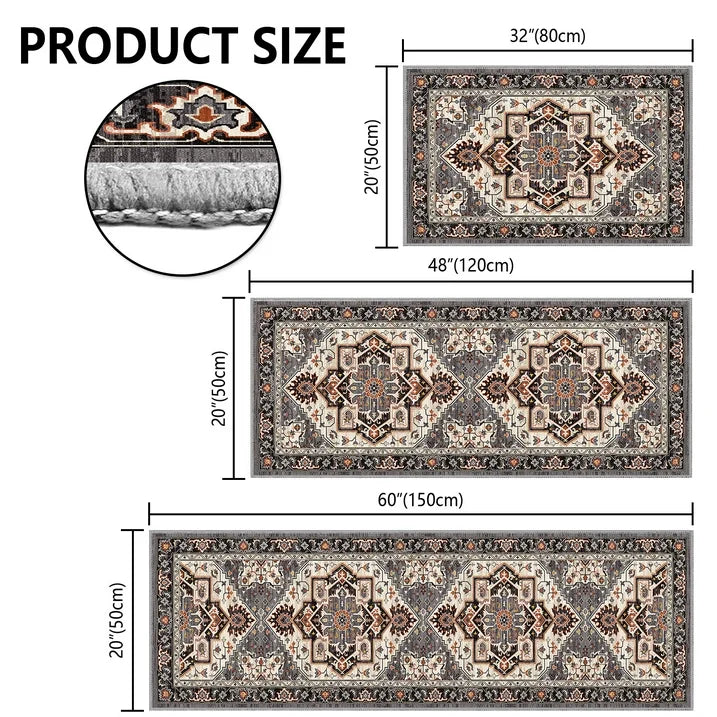 TECHVIDA Kitchen Rugs 3 Piece Set,Non Slip Machine Washable Kitchen Mats,Boho Vintage Abstract Kitchen Carpet for Farmhouse Living Room Hallway