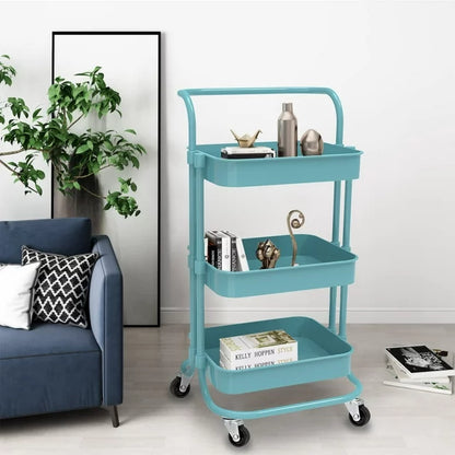 Werseon 3 Tier Mesh Utility Cart, Rolling Metal Organization Cart with Handle and Lockable Wheels, Multifunctional Storage Shelves for Kitchen Living Room Office