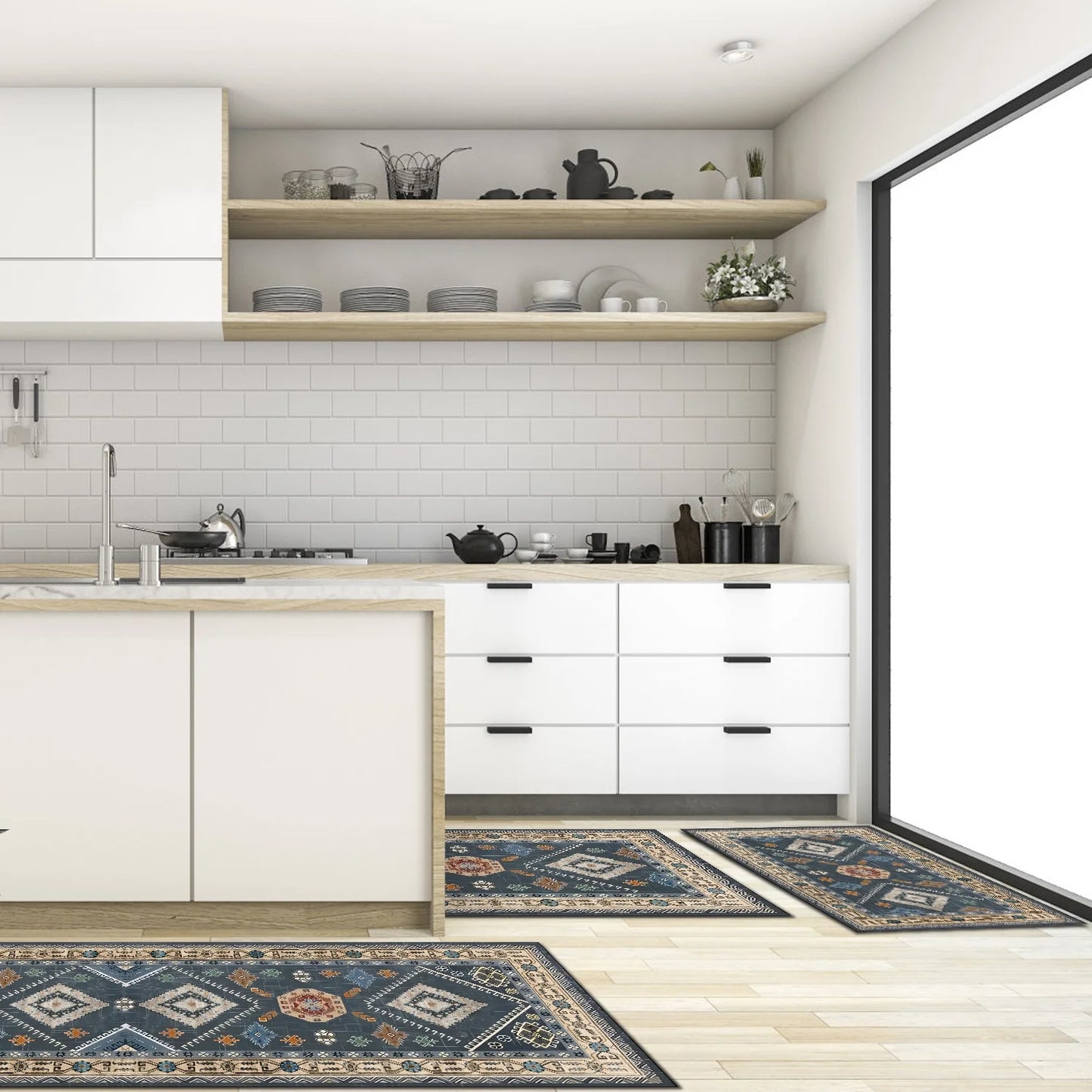 FoxHouse Boho Kitchen Rugs Sets 3 Piece with Runner Non Slip Kitchen Rugs and Mats Washable Kitchen Mats for Floor Thick Kitchen Floor Mat Carpet Runner Rugs for Hallway Laundry Holiday Decor