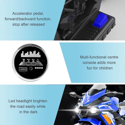 HNH 12V Ride on Motorcycle for Kids, Battery Powered Motorcycle for Child with LED Lights Wheels and Bluetooth Music (Blue)