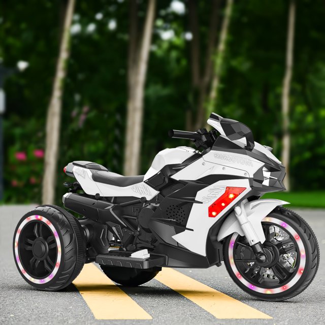 WUBEN 12V Kids Motorcycle Children Electric Motorcycle 3 Wheels Motorcycle with Bluetooth,White