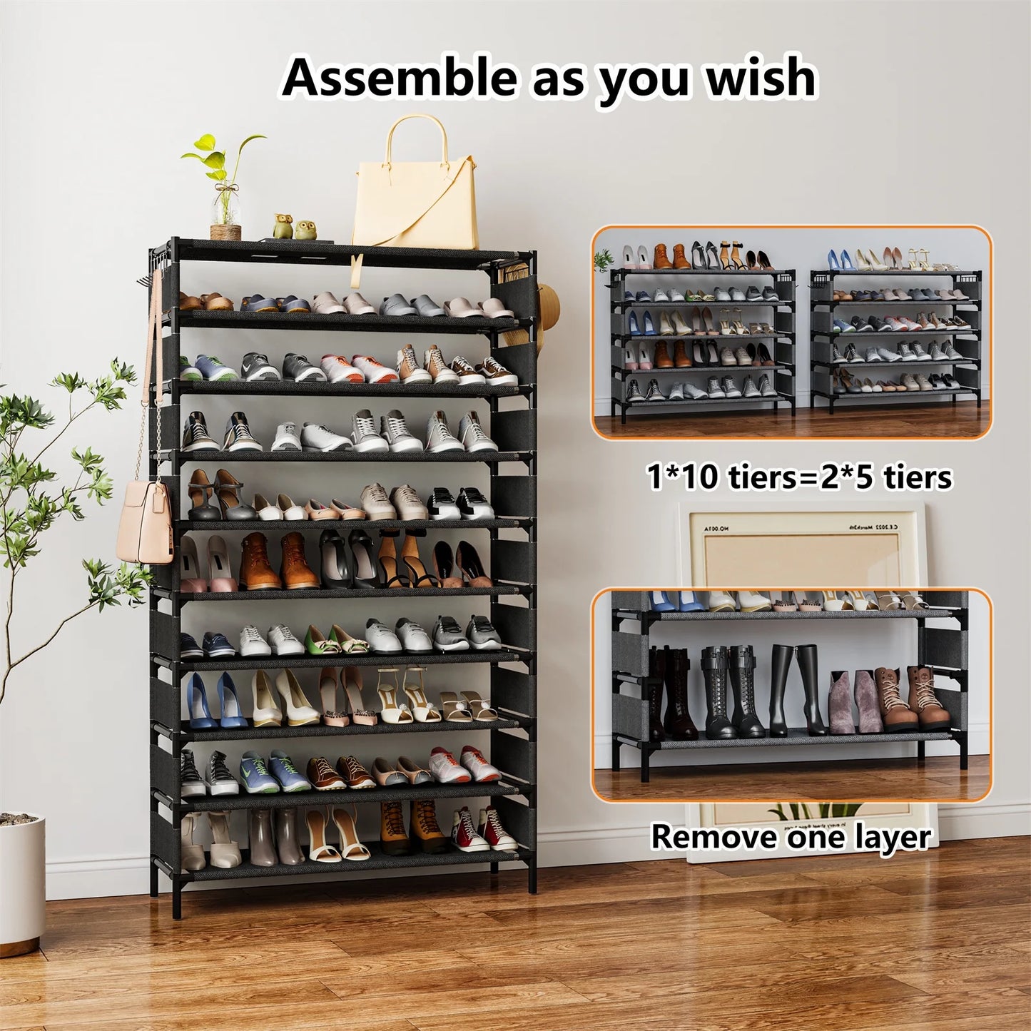 TECHVIDA Upgraded 10 Tiers Shoe Rack, Large Capacity Shoe Shelf, Tall Shoe Organizer for 50 Pairs, Space Saving Shoe Storage,Black