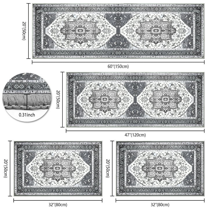 TECHVIDA Kitchen Rugs 4 Piece Set,Non Slip Machine Washable Kitchen Mats,Boho Vintage Abstract Kitchen Carpet for Farmhouse Living Room Hallway