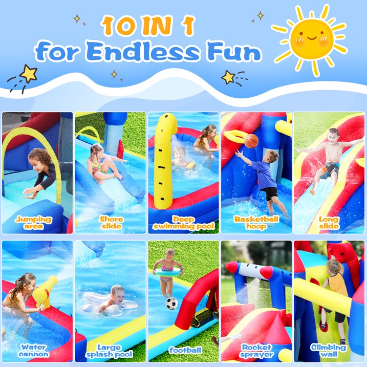 BATE 10 In 1 Kids Inflatable Slide Water Park Trampoline Bouncing House, Outdoor Bounce House with Blower, Splash Pool, Climbing Wall , Water Toys for 3-10 Years Old